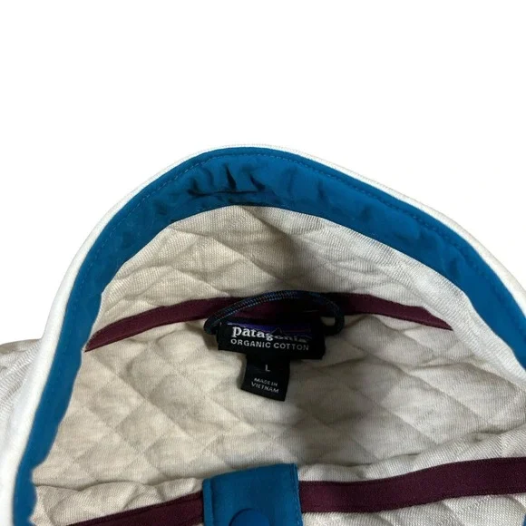 Patagonia Pullover Womens Large White Blue Organic Cotton Quilted Snap Synchilla - Picture 5 of 10